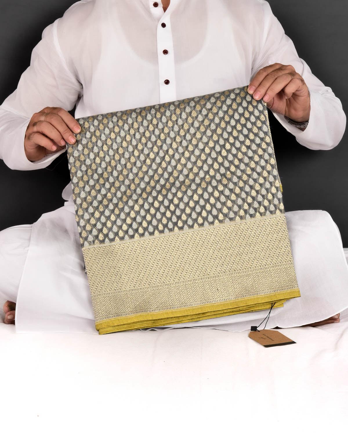 Gray Banarasi Maheen Resham & Gold Zari Ghani Buti Cutwork Brocade Handwoven Cotton Silk Saree