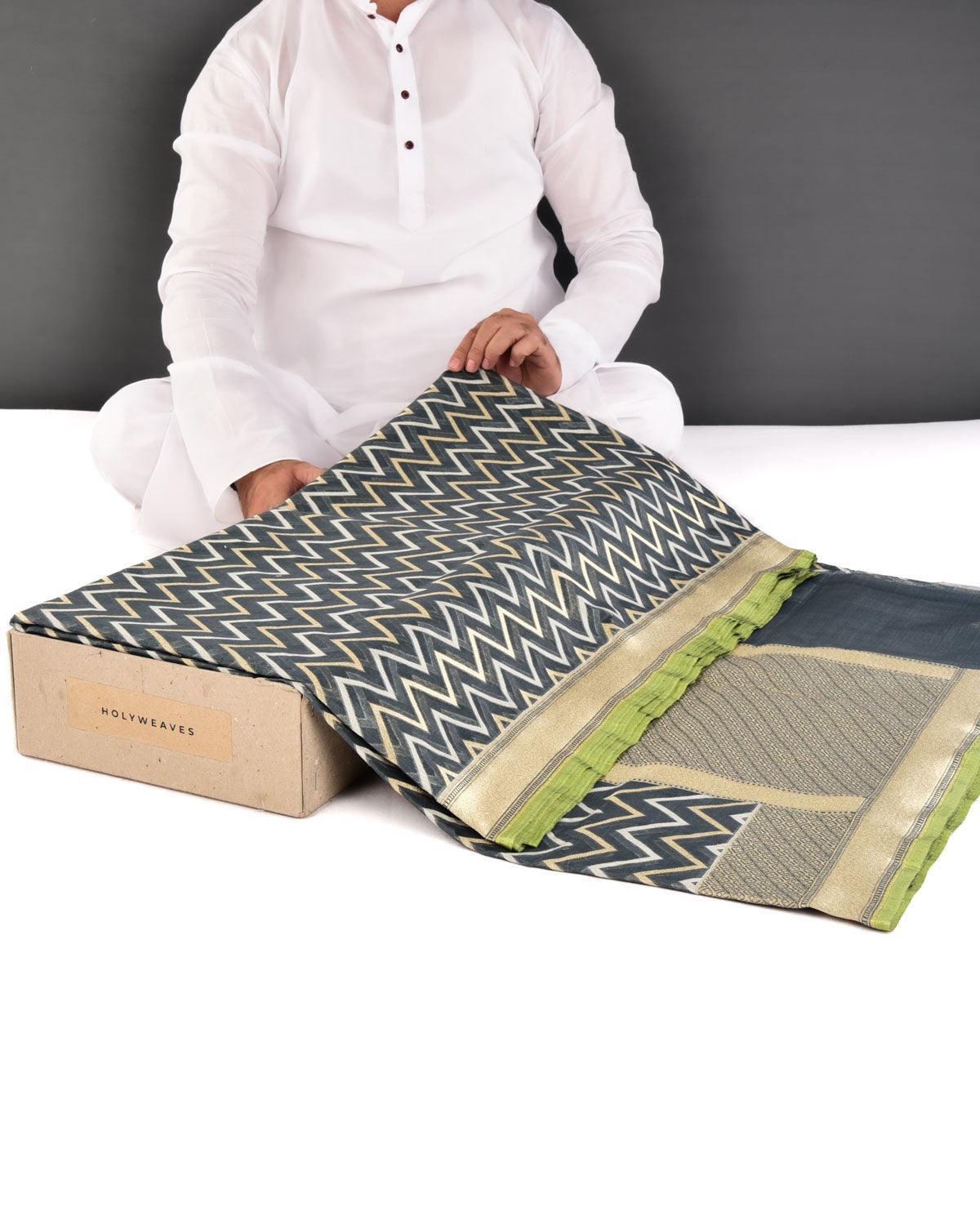 Gray Banarasi Resham & Gold Zari Chevron Cutwork Brocade Handwoven Cotton Silk Saree