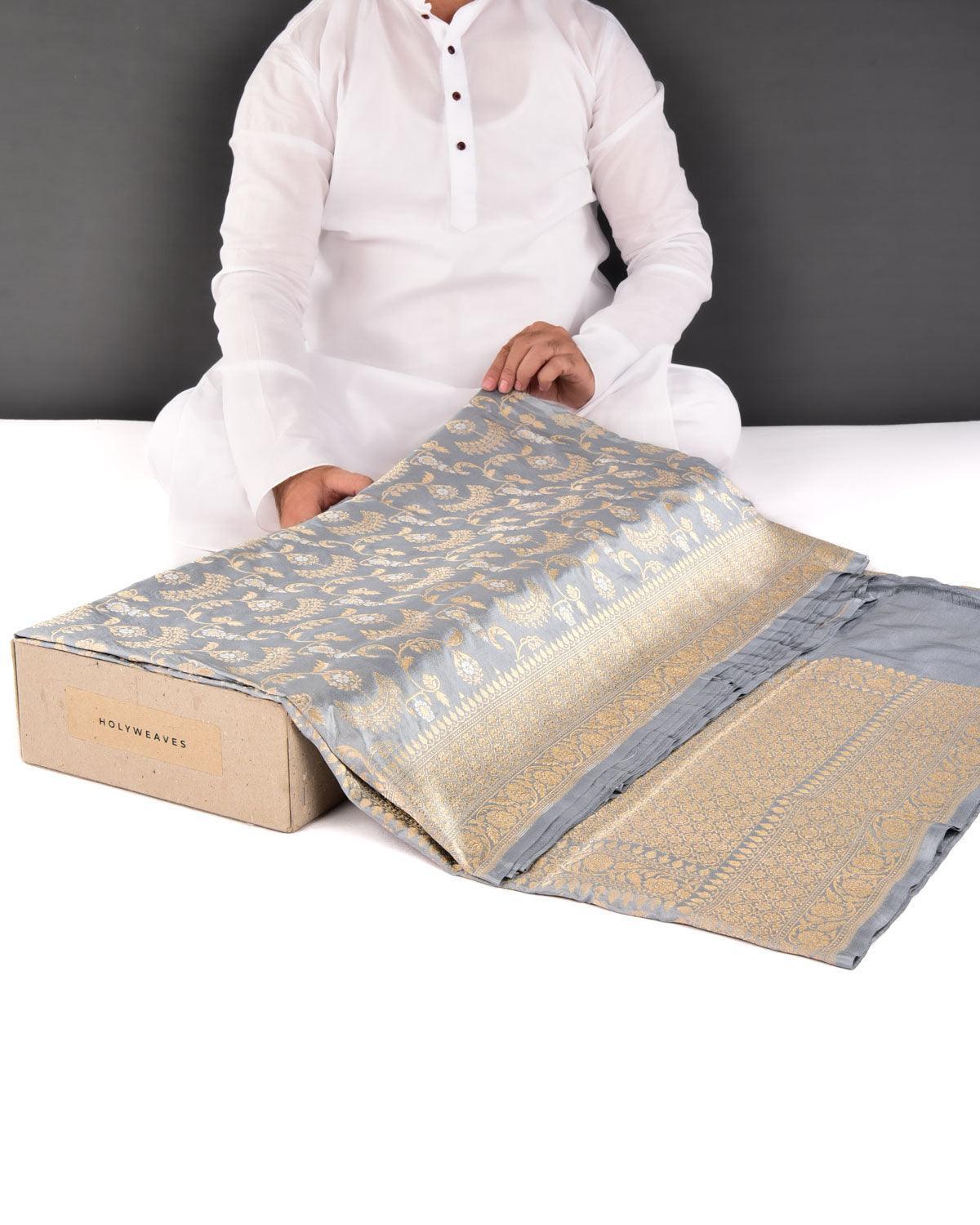 Gray Banarasi "Shringaar" Jaal Cutwork Brocade Handwoven Katan Silk Saree