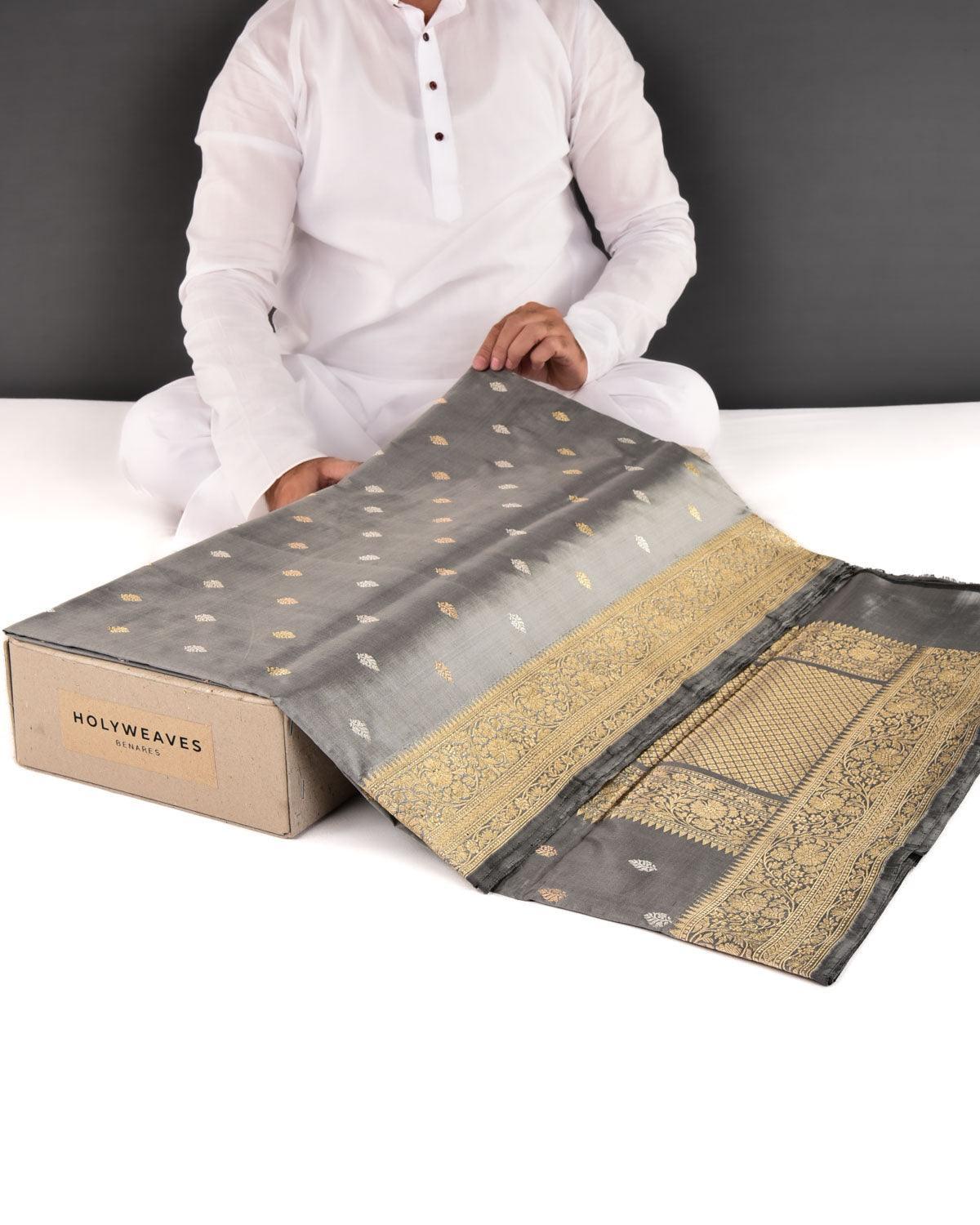 Gray Banarasi Silver & Gold Zari Buti Kadhuan Brocade Handwoven Katan Silk Saree