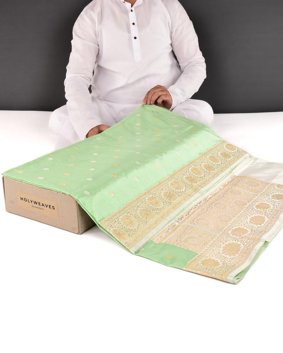 Green Banarasi Gold & Silver Zari Buti Kadhuan Brocade Handwoven Katan Silk Saree