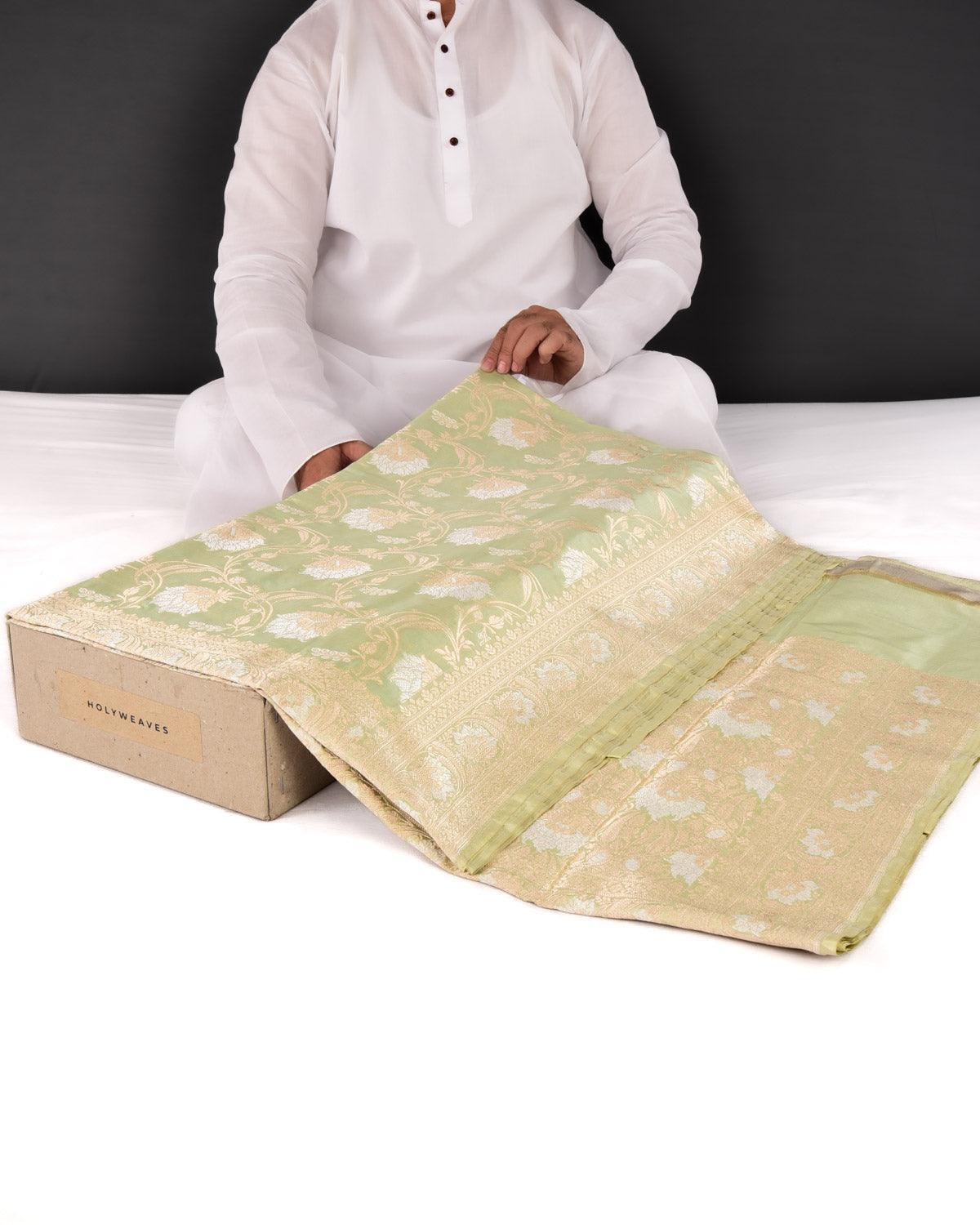 Laurel Green Banarasi Gold & Silver Zari Floral Jaal Cutwork Brocade Handwoven Katan Silk Saree