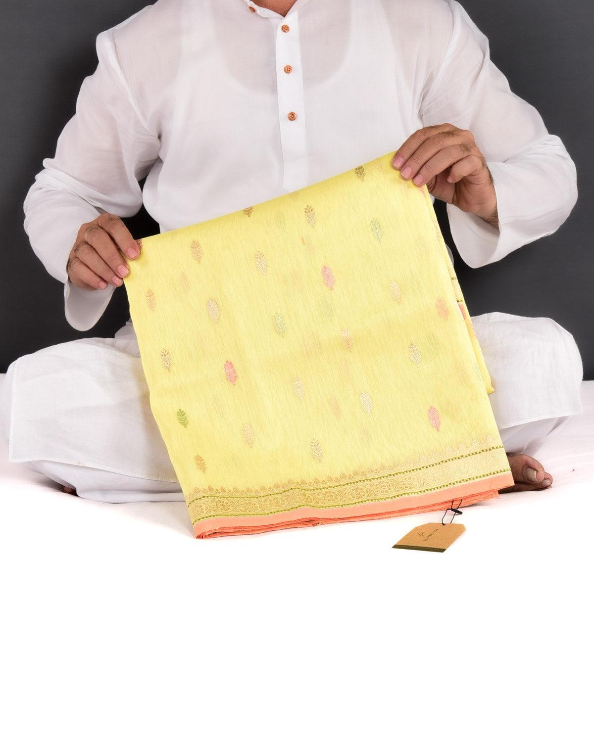 Lemon Yellow Banarasi Colored Zari Buti Kadhuan Brocade Handwoven Linen Silk Saree