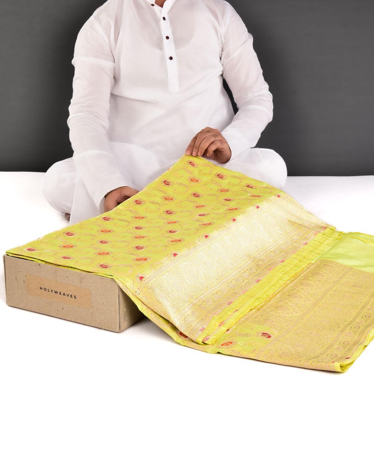 Lime Green Banarasi Alfi Gold Zari and Resham Jaal Cutwork Brocade Handwoven Katan Silk Saree