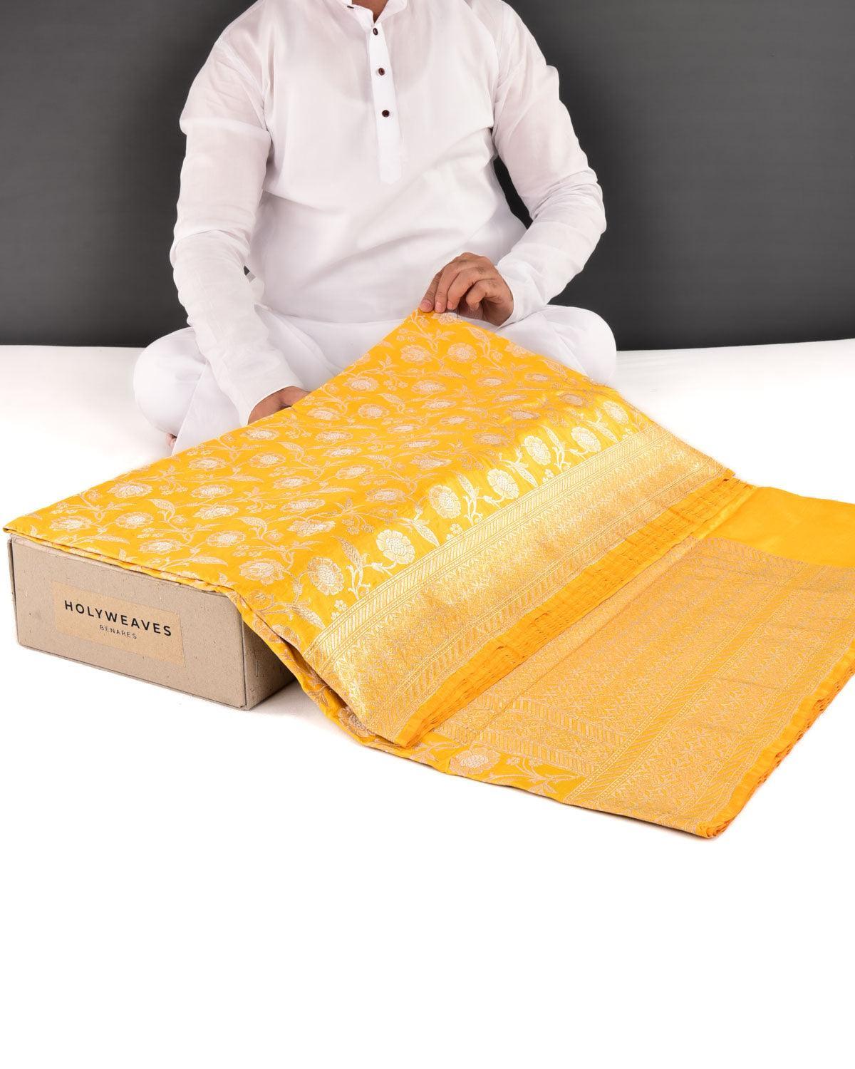 Marigold Yellow Banarasi Gold & Silver Zari Alfi Floral Jaal Cutwork Brocade Handwoven Katan Silk Saree