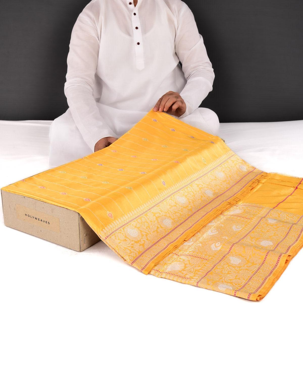Marigold Yellow Banarasi Resham & Gold Zari Alfi Stripes Kadhuan Brocade Handwoven Katan Silk Saree