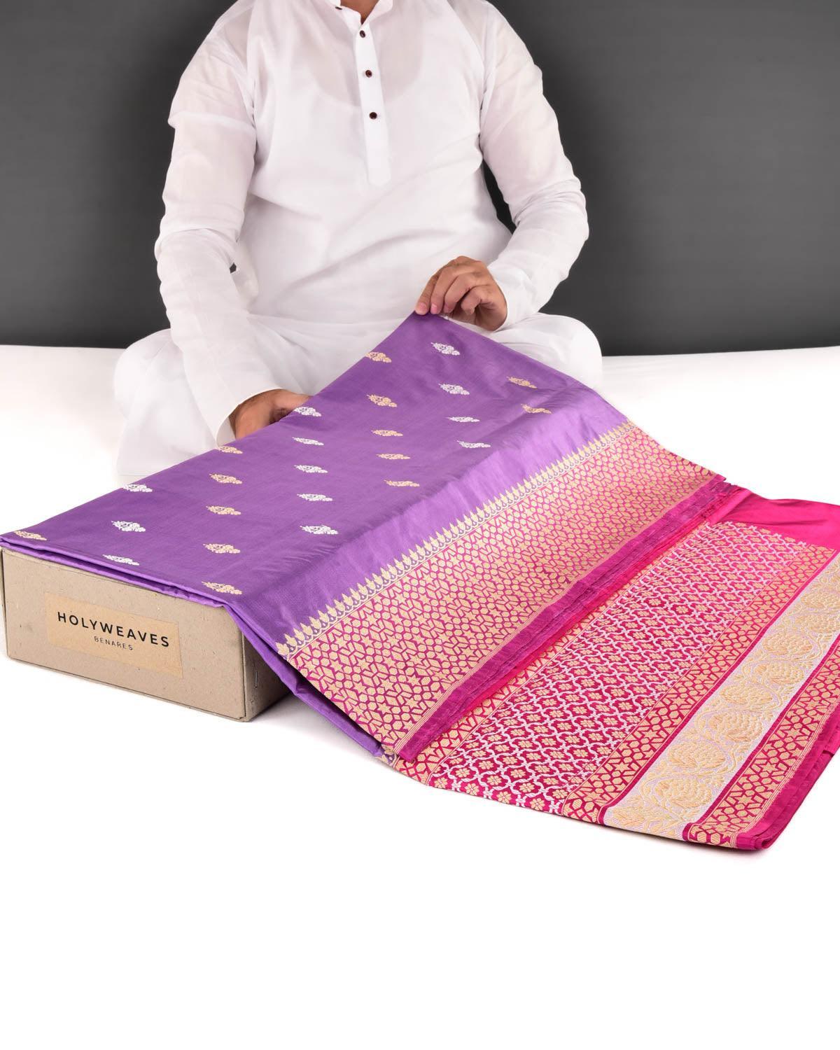 Mauve Banarasi Gold & Silver Zari Buti Kadhuan Brocade Handwoven Katan Silk Saree with Contrast Pink Border Pallu