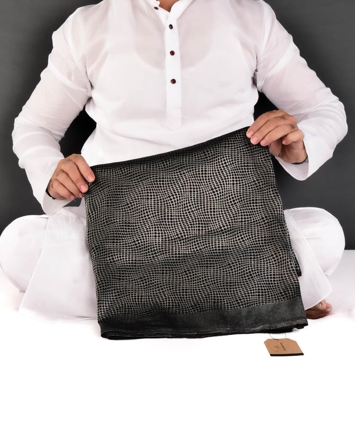 Metallic Black Banarasi Python Stripes Brocade Handwoven Katan Tissue Saree