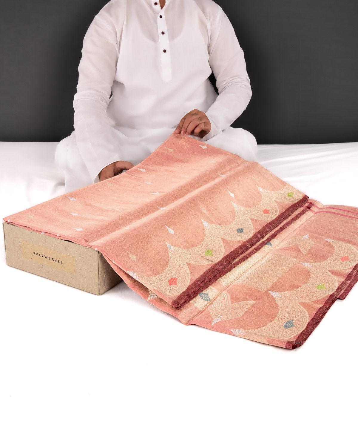 Metallic Peach Banarasi Sona Rupa Buti Kadhuan Brocade Handwoven Katan Tissue Saree with Scallop Border