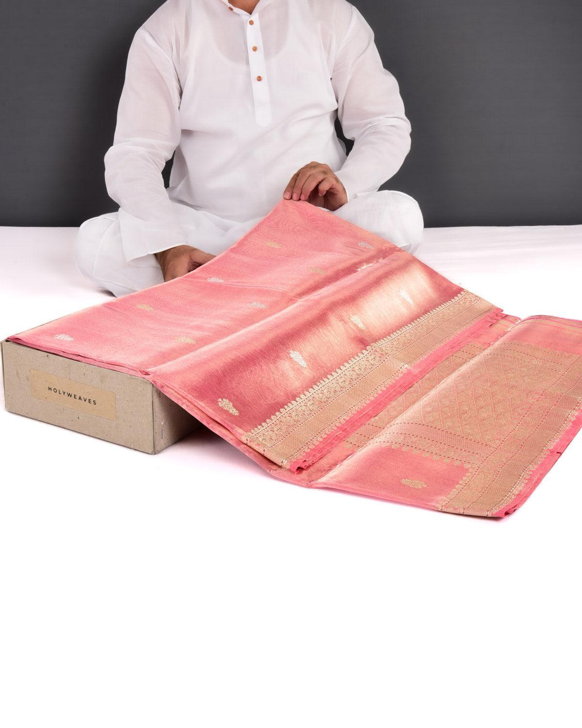Metallic Pink Banarasi Gold & Silver Zari Buti Kadhuan Brocade Handwoven Kora Tissue Saree