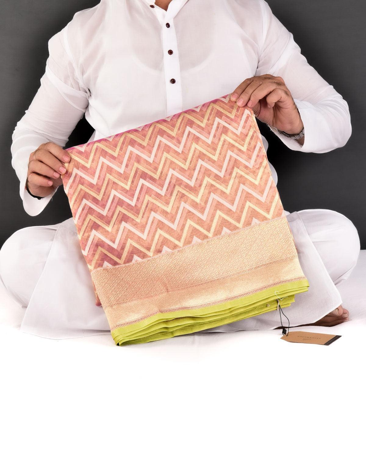 Metallic Pink Banarasi Gold Zari & White Resham Chevron Cutwork Brocade Handwoven Kora Tissue Saree