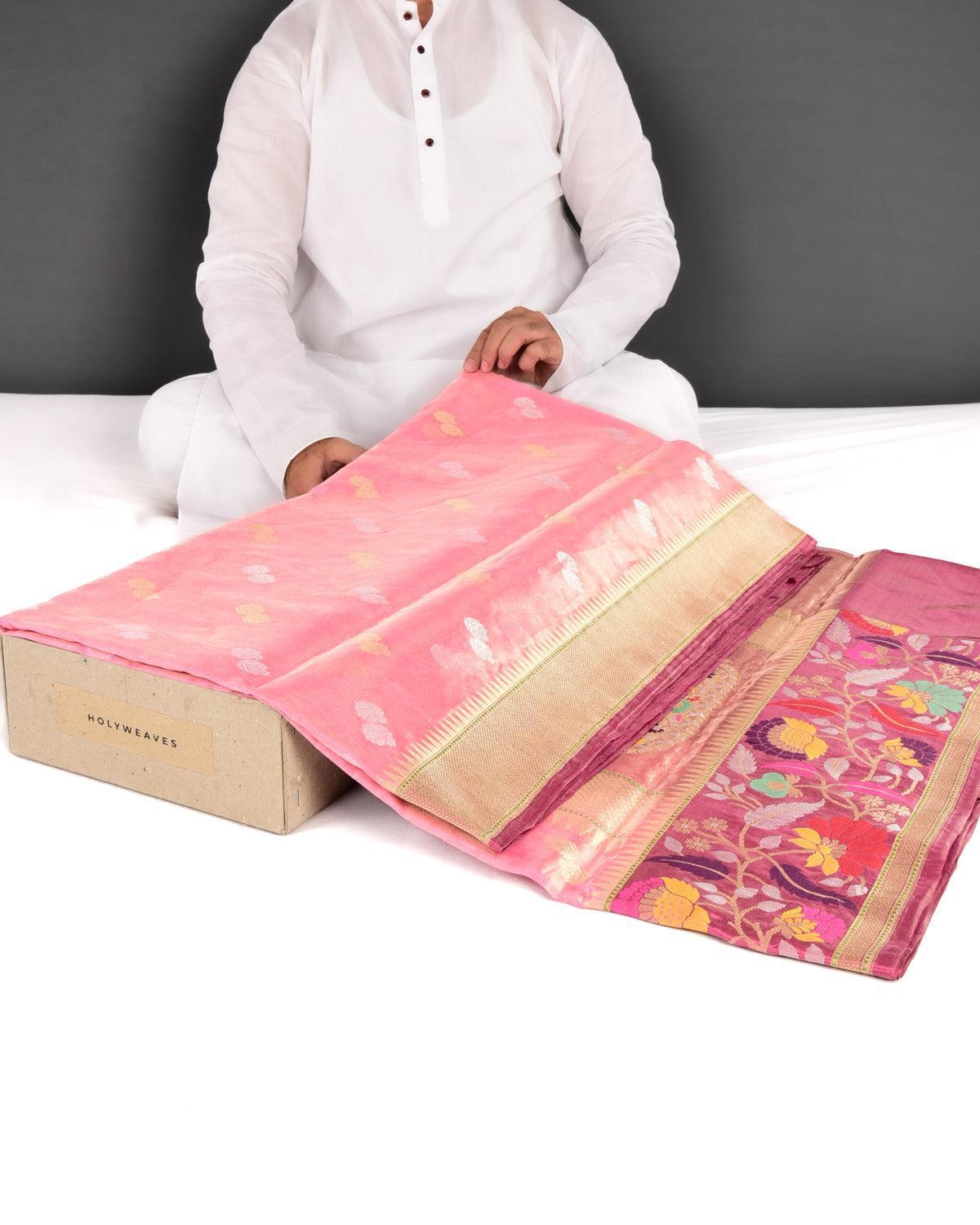 Metallic Pink Banarasi Sona Rupa Buti Kadhuan Brocade Handwoven Kora Tissue Saree with Chauhara Meenekari Brocade Border Pallu