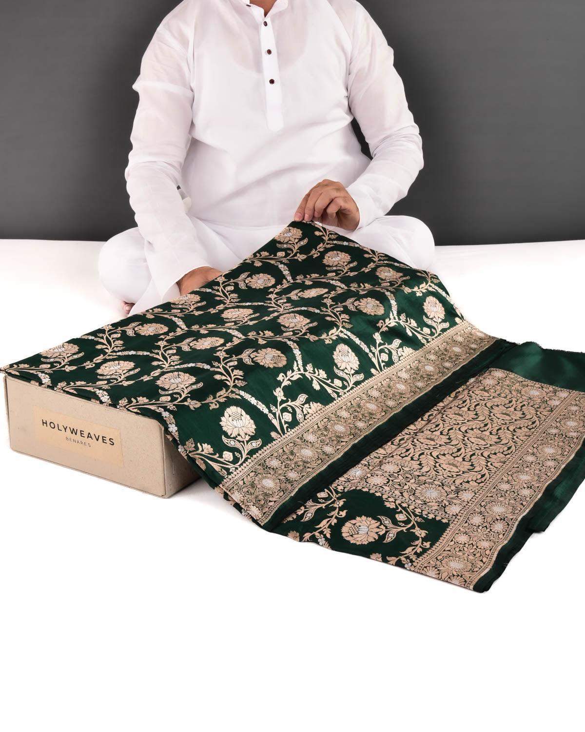 Midnight Green Banarasi Gold & Silver Zari Alfi Floral Jaal Cutwork Brocade Handwoven Katan Silk Saree