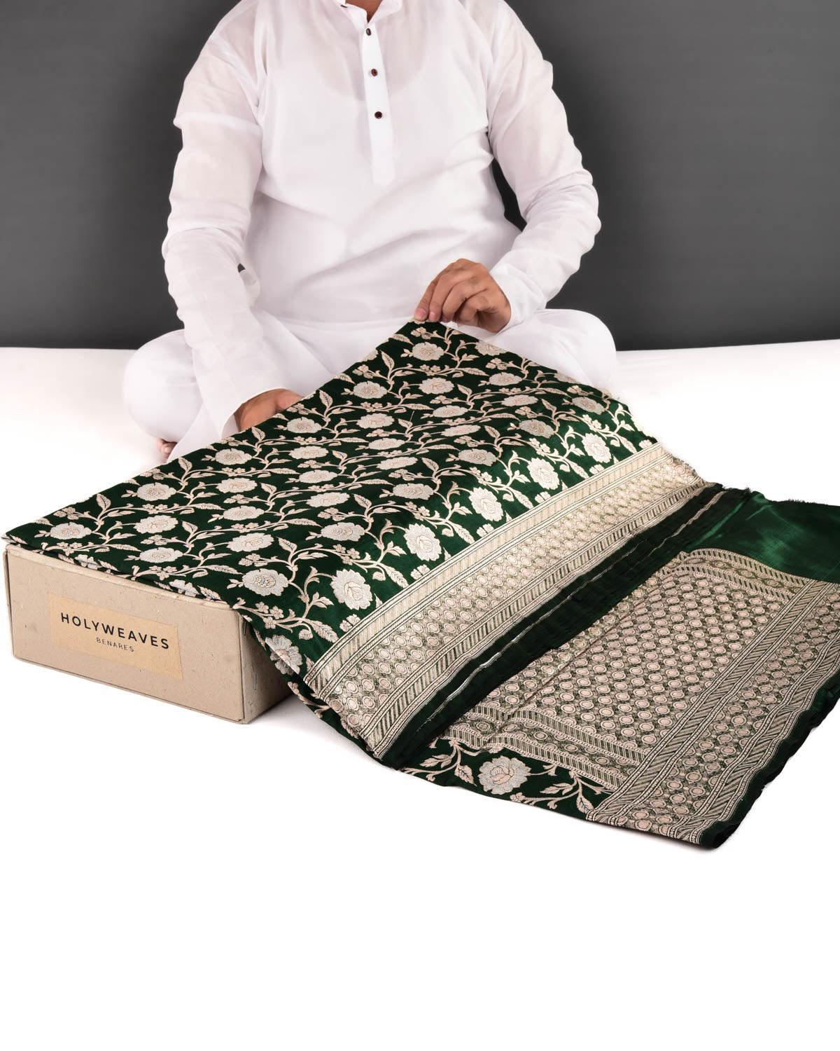 Midnight Green Banarasi Gold & Silver Zari Alfi Gulab Jaal Cutwork Brocade Handwoven Katan Silk Saree