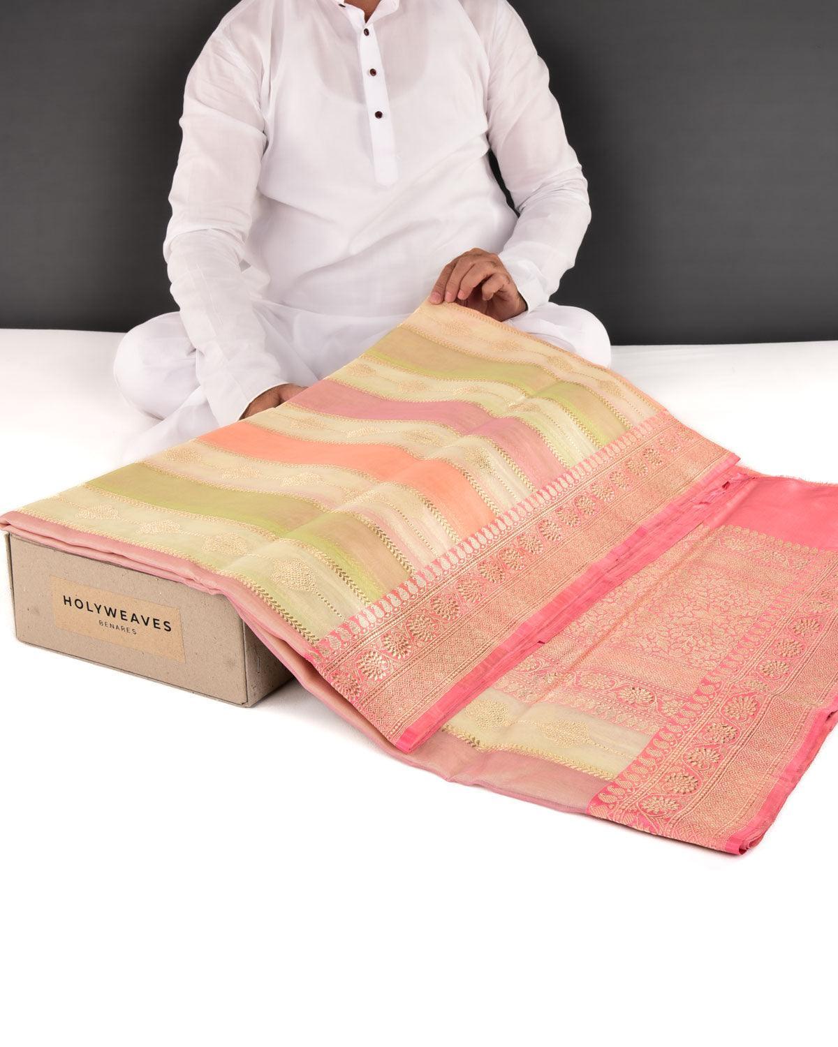 Multi-color Banarasi Candy Stripes Rangkaat Brocade Handwoven Kora Silk Saree