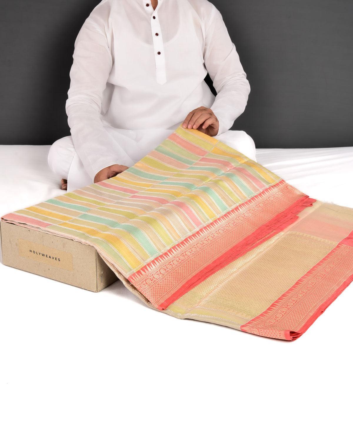 Multi-color Banarasi Shifting Candy Stripes Rangkaat Brocade Handwoven Kora Silk Saree