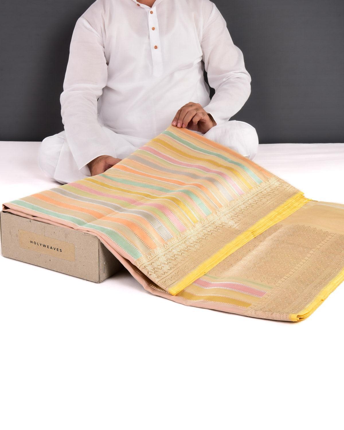 Multi-color on Beige Banarasi Candy Stripes Kadhuan Brocade Handwoven Kora Silk Saree