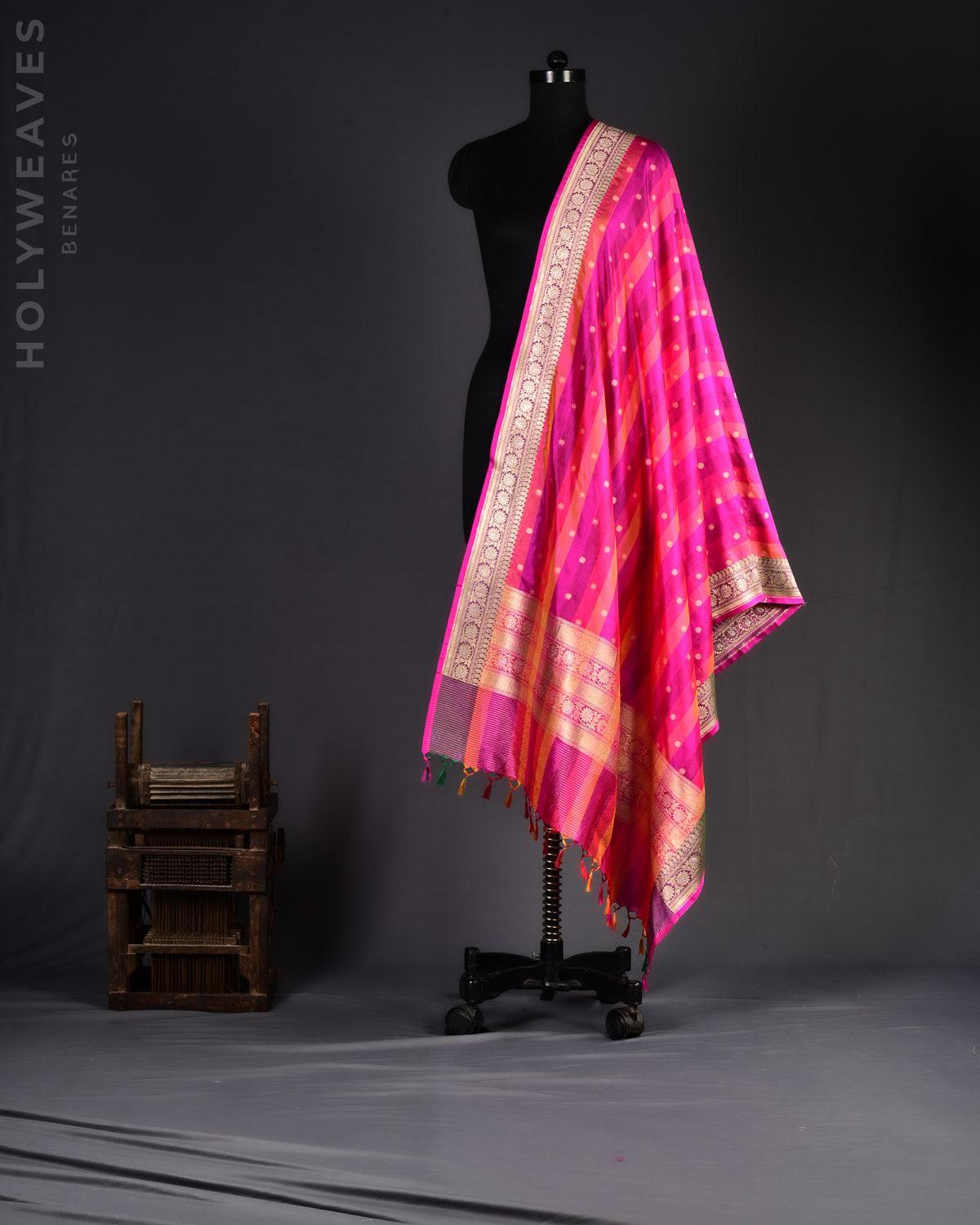 Multi-color on Pink Banarasi Gold Zari Buti Cutwork Brocade Handwoven Katan Silk Dupatta