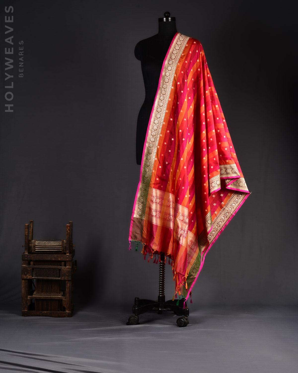 Multi-color on Red Banarasi Gold Zari Buti Cutwork Brocade Handwoven Katan Silk Dupatta