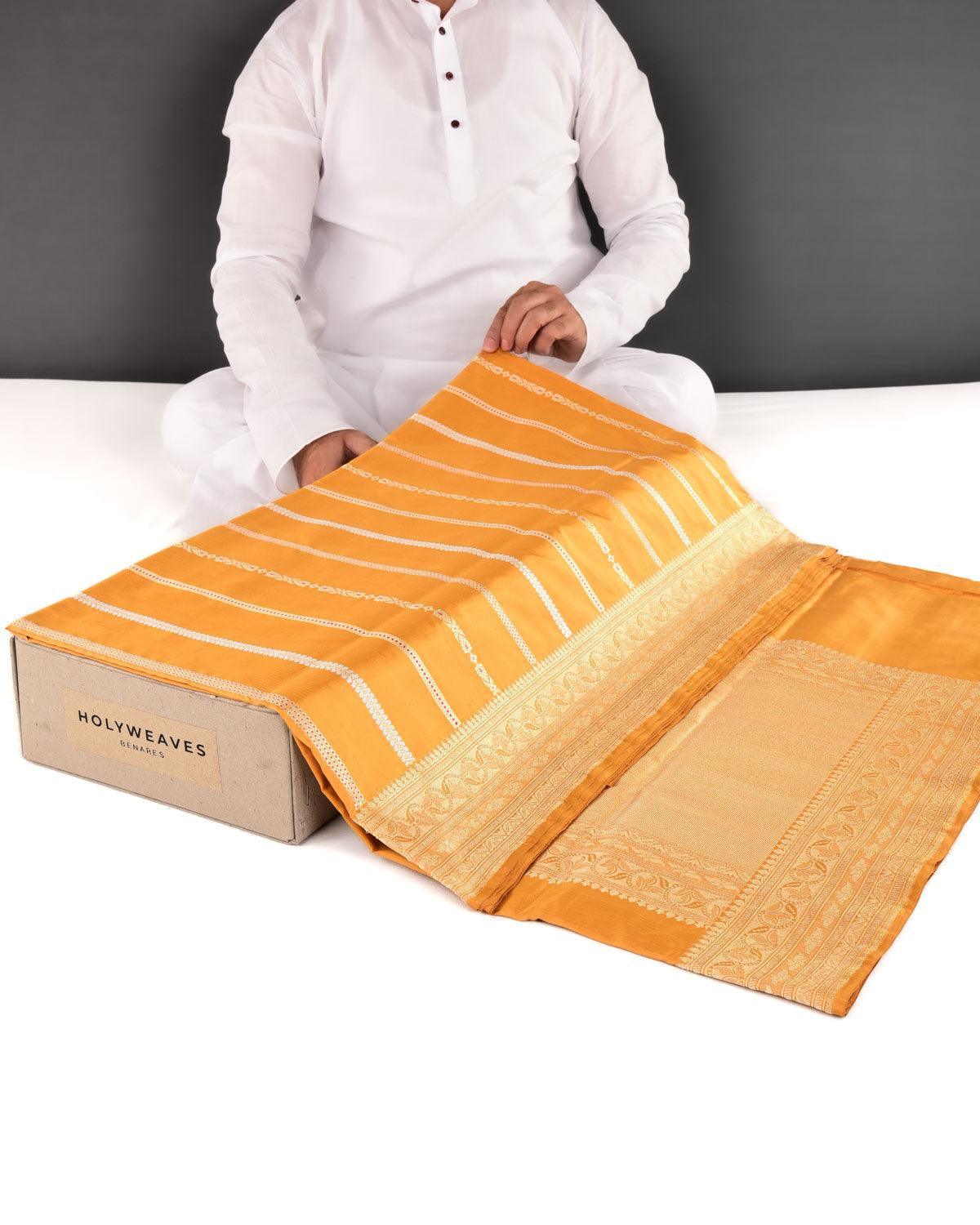 Mustard Yellow Banarasi Alfi Zari & Resham Stripes Kadhuan Brocade Handwoven Katan Silk Saree
