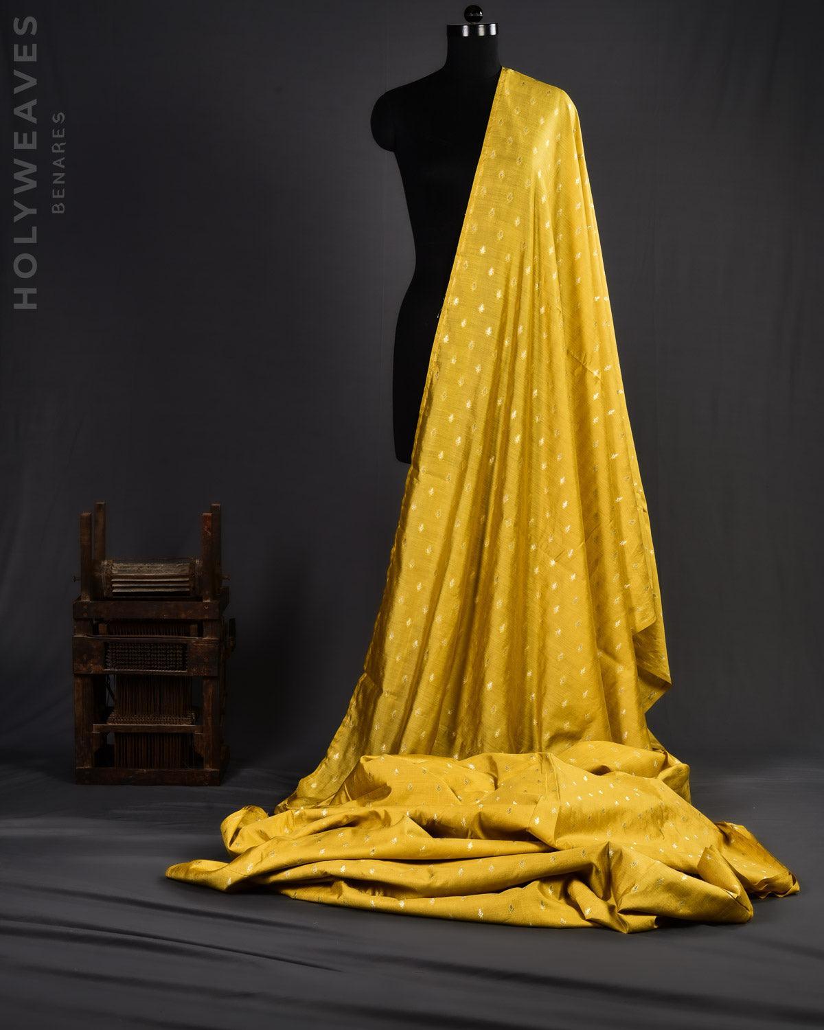 Mustard Yellow Banarasi Gold Zari Buti Cutwork Brocade Handwoven Spun Silk Fabric