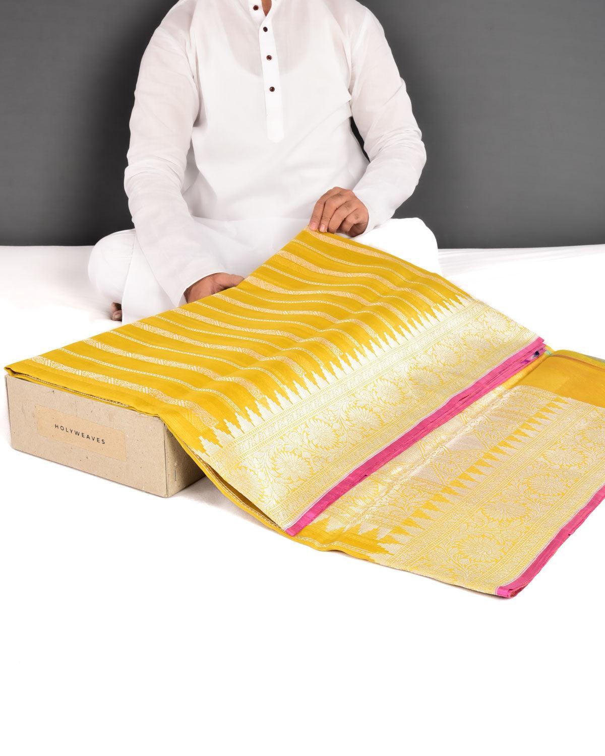 Mustard Yellow Banarasi Gold Zari Ornament Stripes Kadhuan Brocade Handwoven Kora Silk Saree