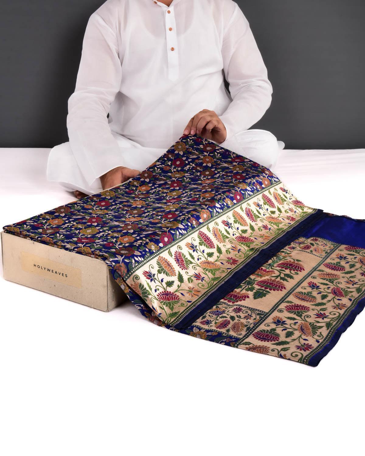 Navy Blue Banarasi Chauhara Floral Resham and Zari Paudi Cutwork Brocade Handwoven Katan Silk Saree