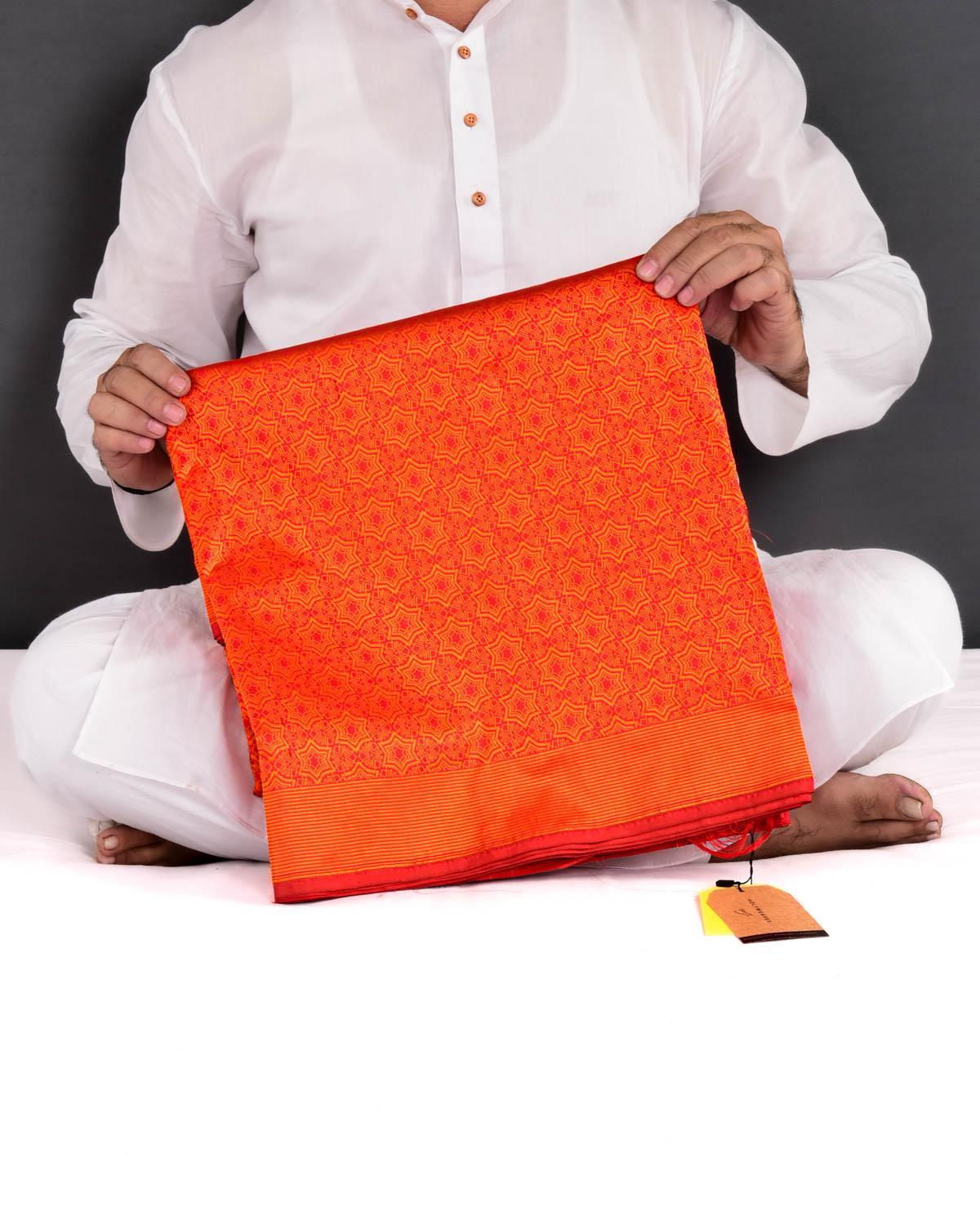 Orange On Red Banarasi "Kaleidoscopic Stars" Resham Brocade Handwoven Katan Silk Saree