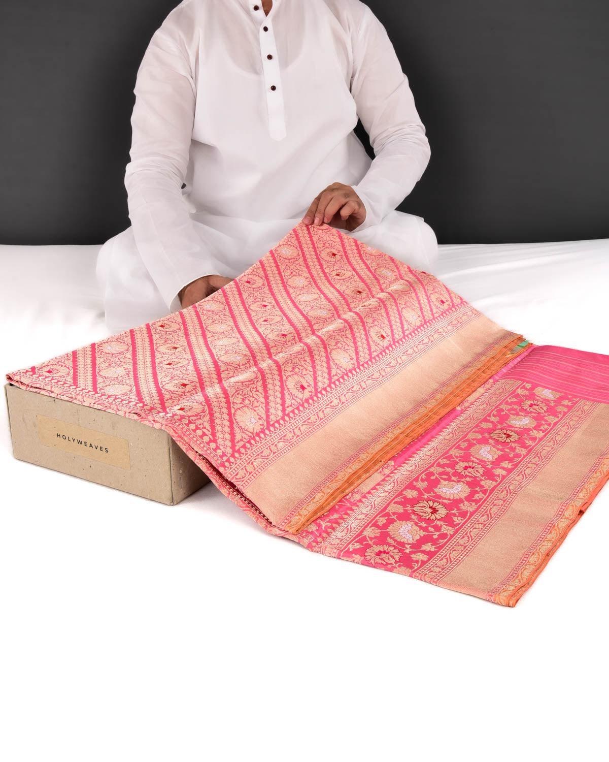 Pink Banarasi Diagonal Inlaid Stripes Kadhuan Brocade Handwoven Katan Silk Saree
