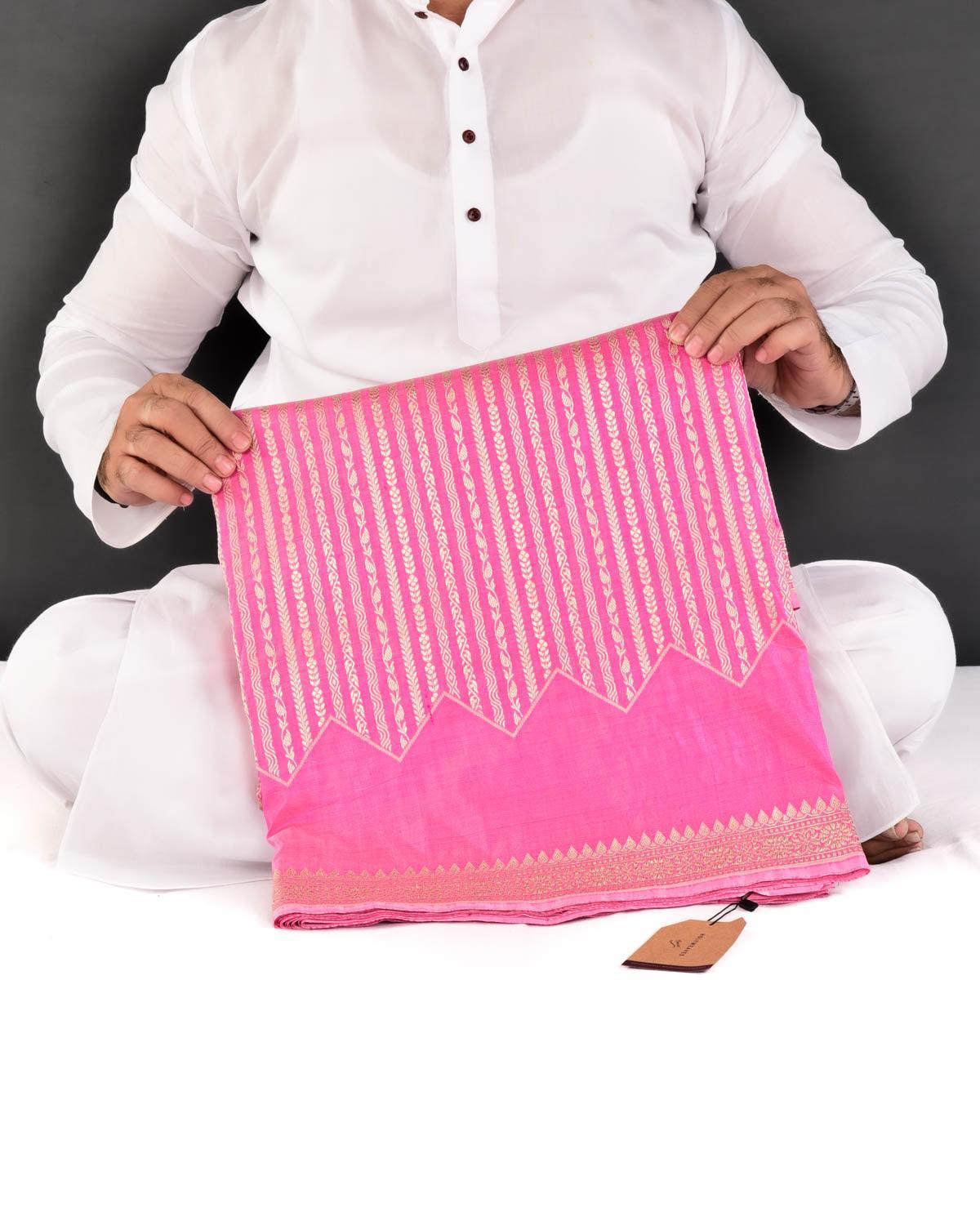 Pink Banarasi Soft Gold Zari Ornament Stripes Cutwork Brocade Handwoven Katan Silk Saree