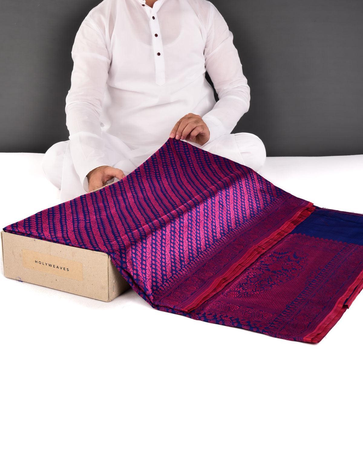 Pink On Blue Banarasi Resahm Brocade Handwoven Katan Silk Saree