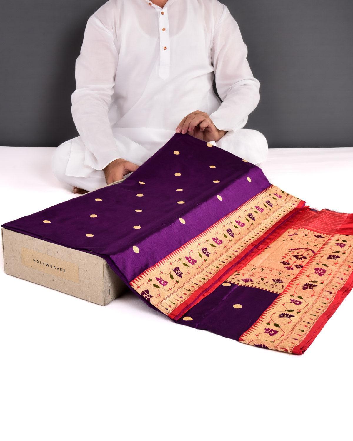 Purple Banarasi Asharfi Buti With Paithani Border Kadhuan Brocade Handwoven Katan Silk Saree