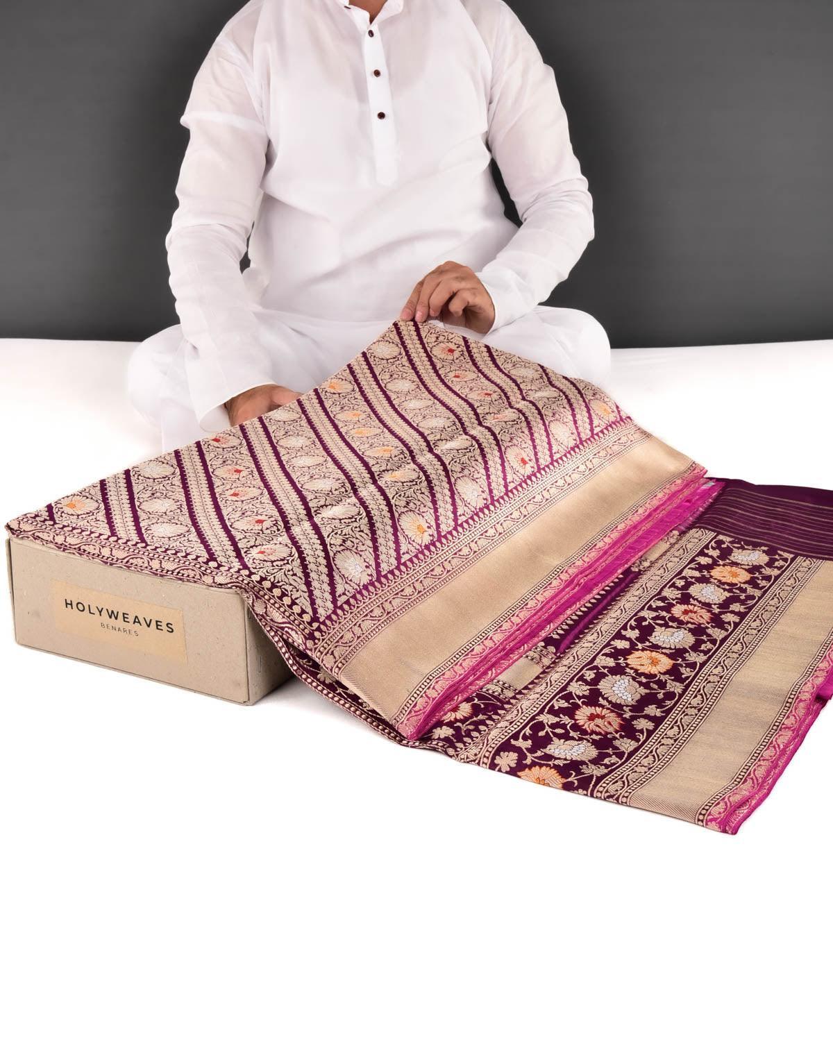 Purple Banarasi Diagonal Inlaid Stripes Kadhuan Brocade Handwoven Katan Silk Saree
