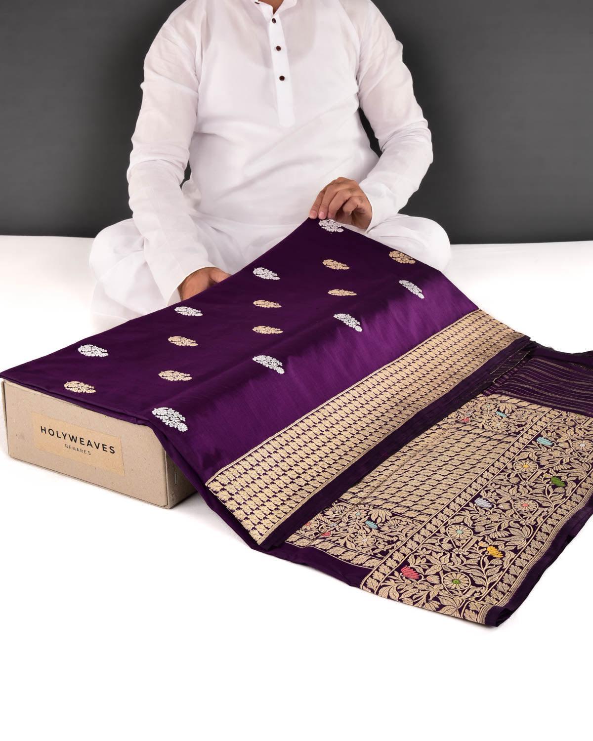 Purple Banarasi Gold & Silver Zari Buti Kadhuan Brocade Handwoven Katan Silk Saree with Meenekari Brocade Border Pallu
