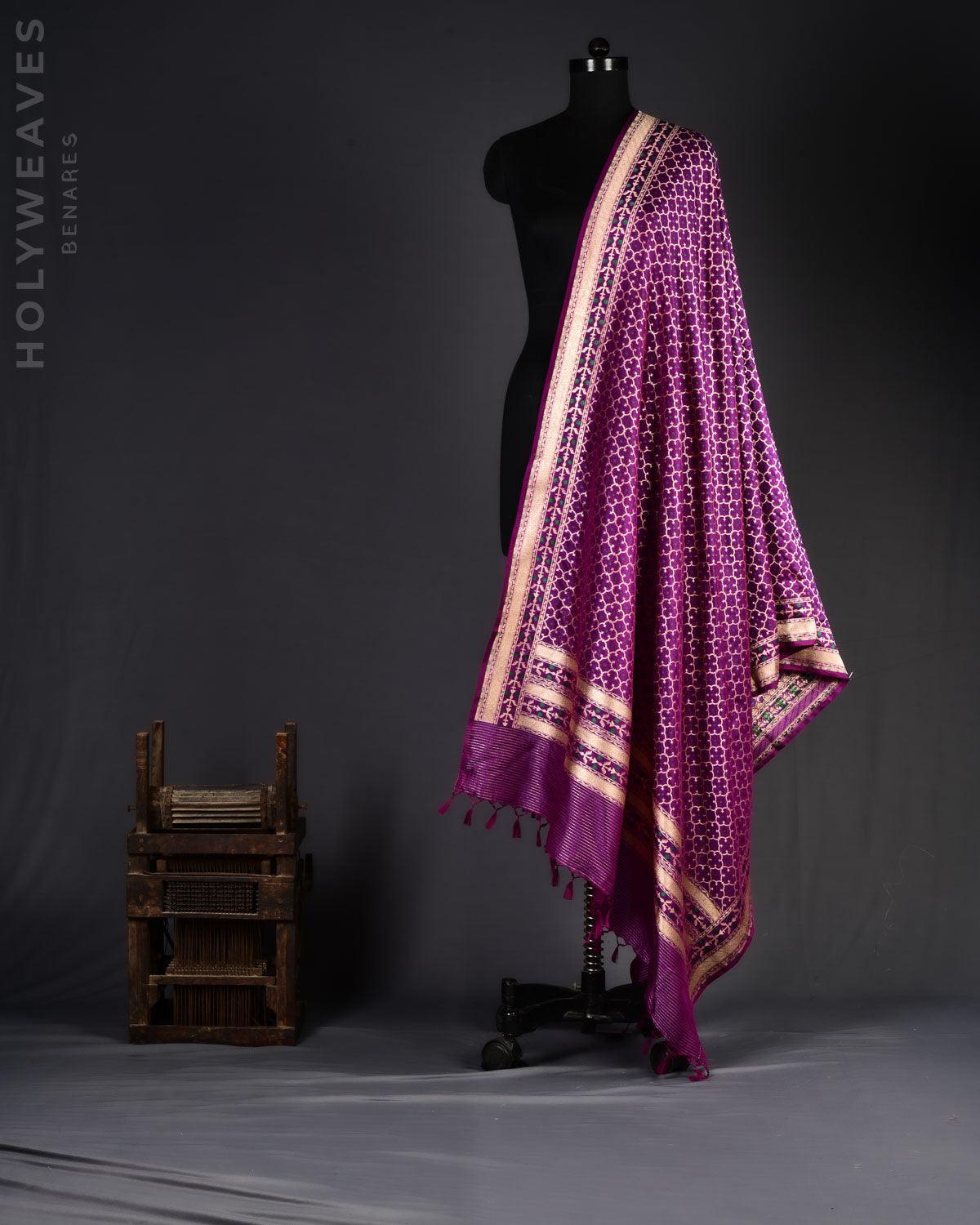 Purple Banarasi Moroccon Grids Gold Zari Cutwork Brocade Handwoven Katan Silk Dupatta