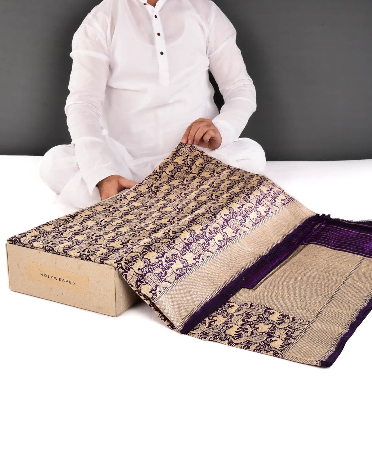 Purple Banarasi Soft Gold Zari Shikargah Brocade Handwoven Katan Silk Saree