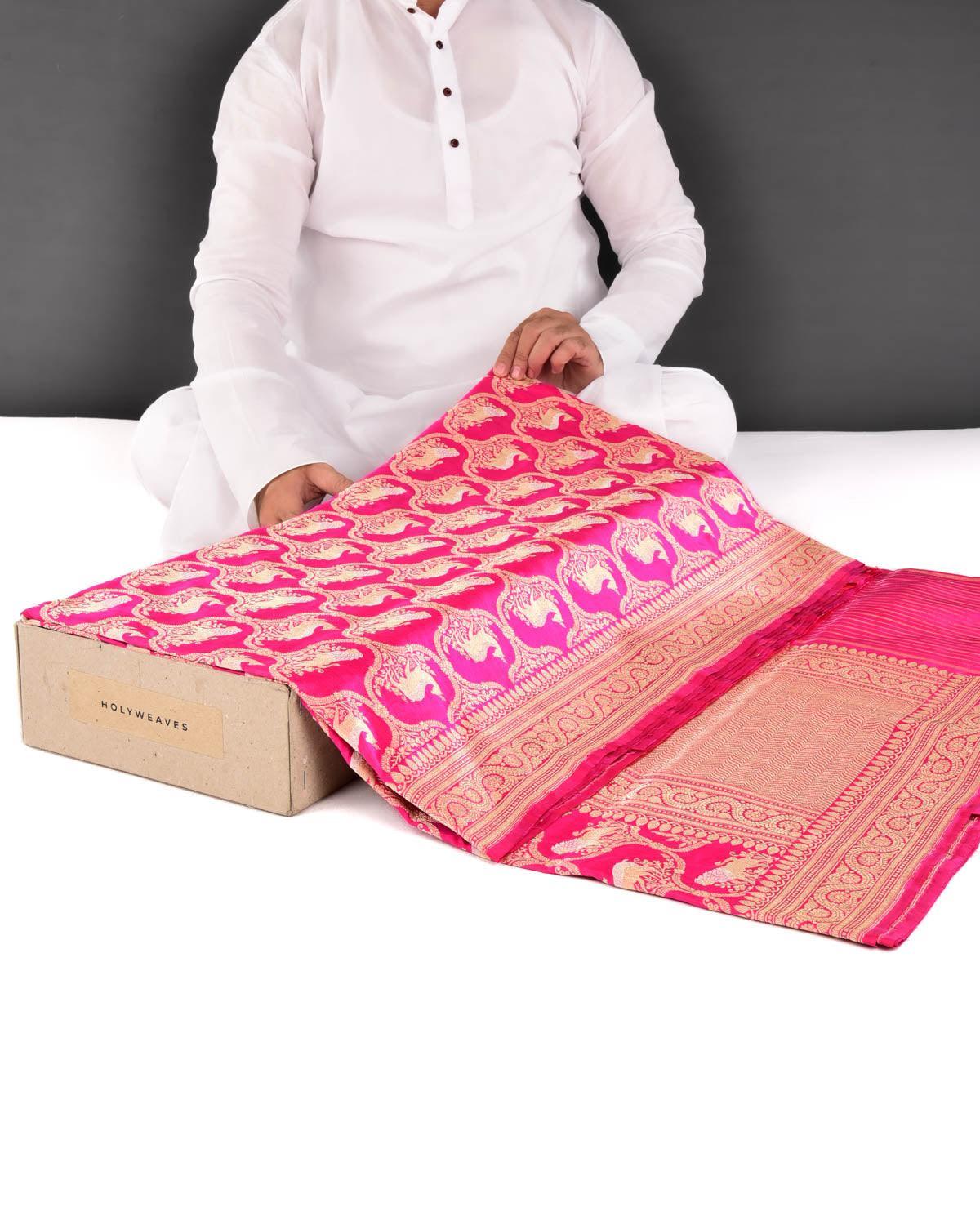 Rani Pink Banarasi Gold & Silver Zari "Sher Aur Shikaar" Kadhuan Jaal Handwoven Katan Silk Saree