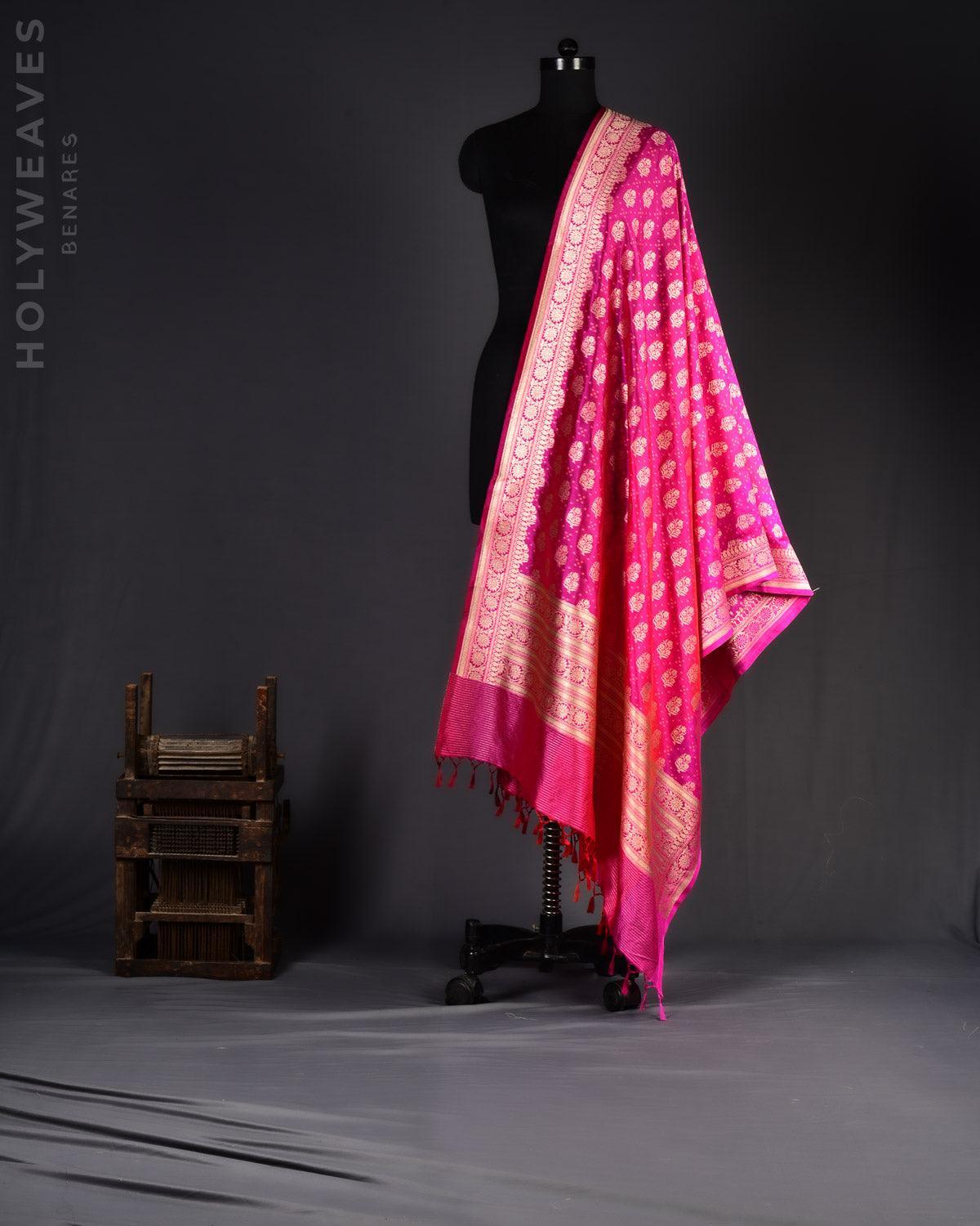Rani Pink Banarasi Gold Zari Buti Cutwork Brocade Handwoven Katan Silk Dupatta