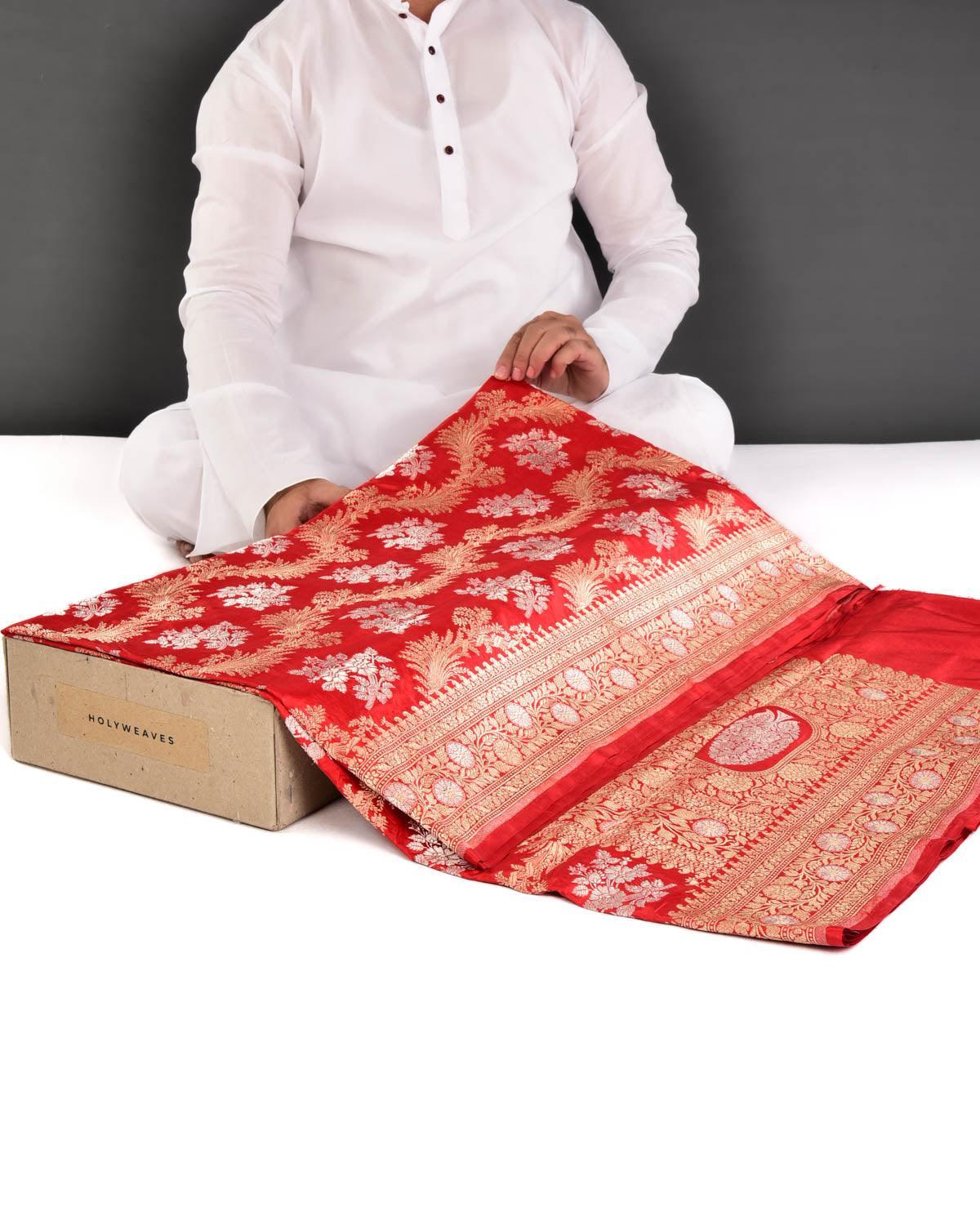 Red Banarasi Gold & Silver Zari Floral Jaal Cutwork Brocade Handwoven Katan Silk Saree
