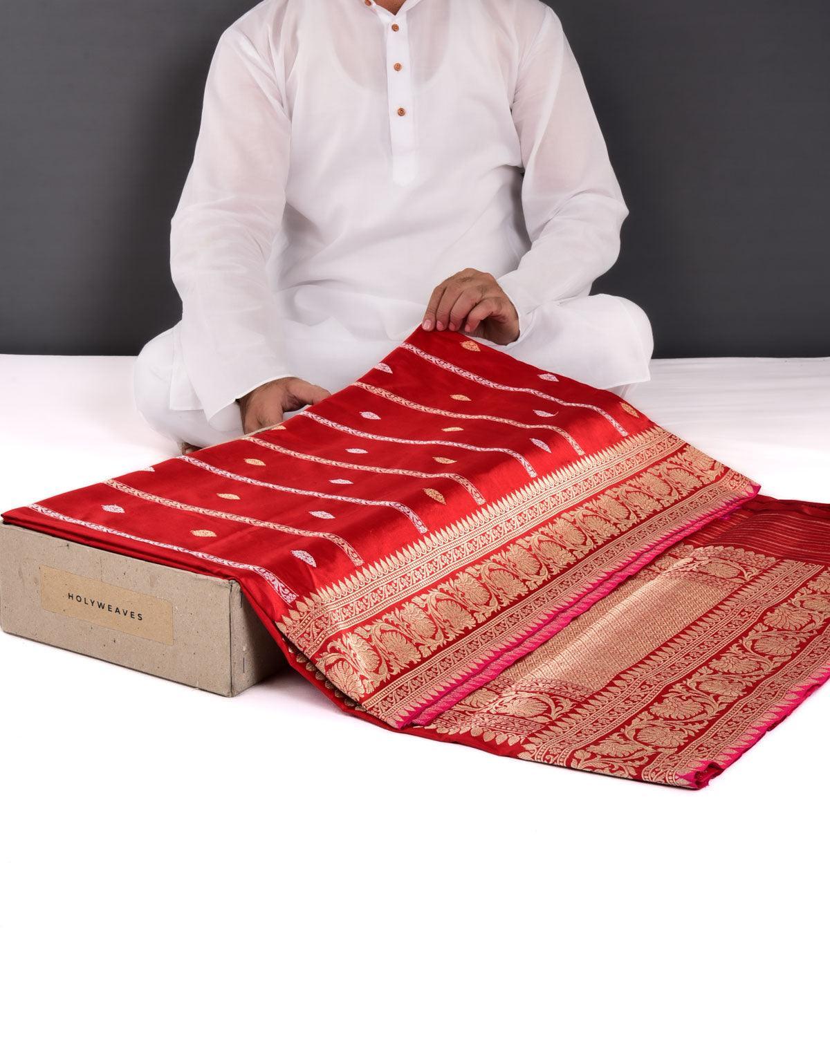 Red Banarasi Gold & Silver Zari Stripes & Buti Kadhuan Brocade Handwoven Katan Silk Saree