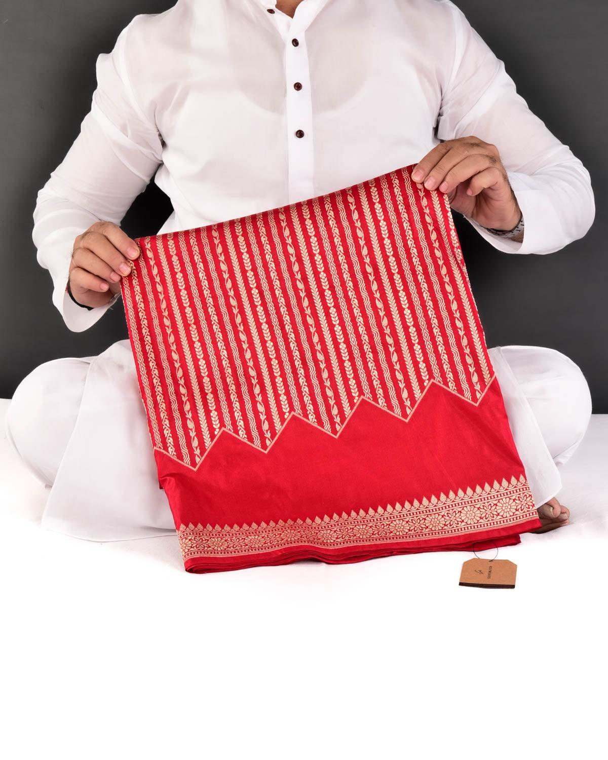 Red Banarasi Soft Gold Zari Ornament Stripes Cutwork Brocade Handwoven Katan Silk Saree