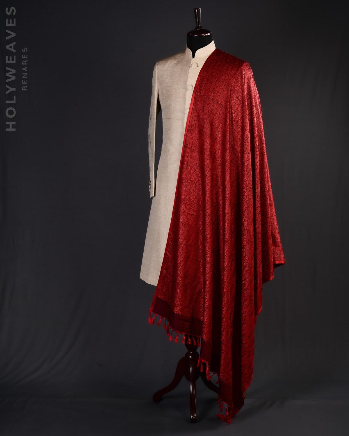 Red-Black Banarasi Alfi Paisley  Jamawar Handwoven Silk-Wool Shawl