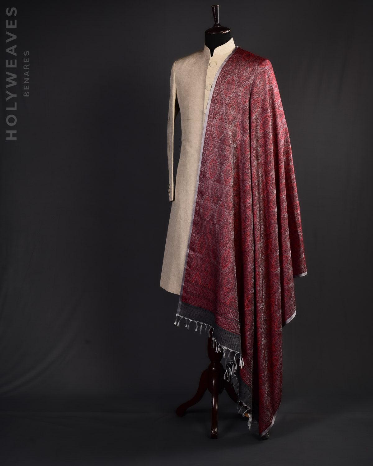 Red on Gray Banarasi Alfi Damask Jamawar Handwoven Silk-Wool Shawl