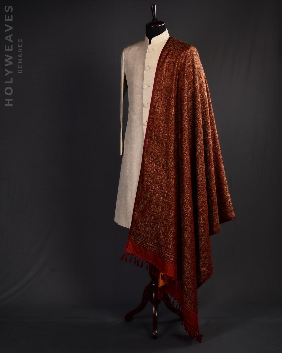 Red-Orange Banarasi Big Paisley Jamawar Handwoven Silk-Wool Shawl