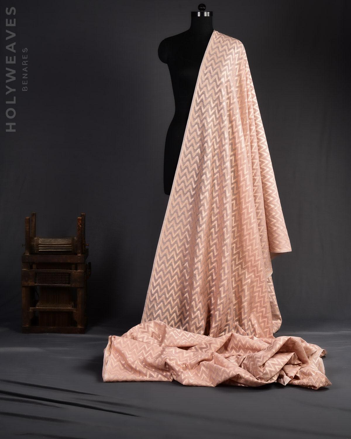 Rosy Brown Banarasi Gold Zari Striped Chevron Cutwork Brocade Handwoven Cotton Silk Fabric
