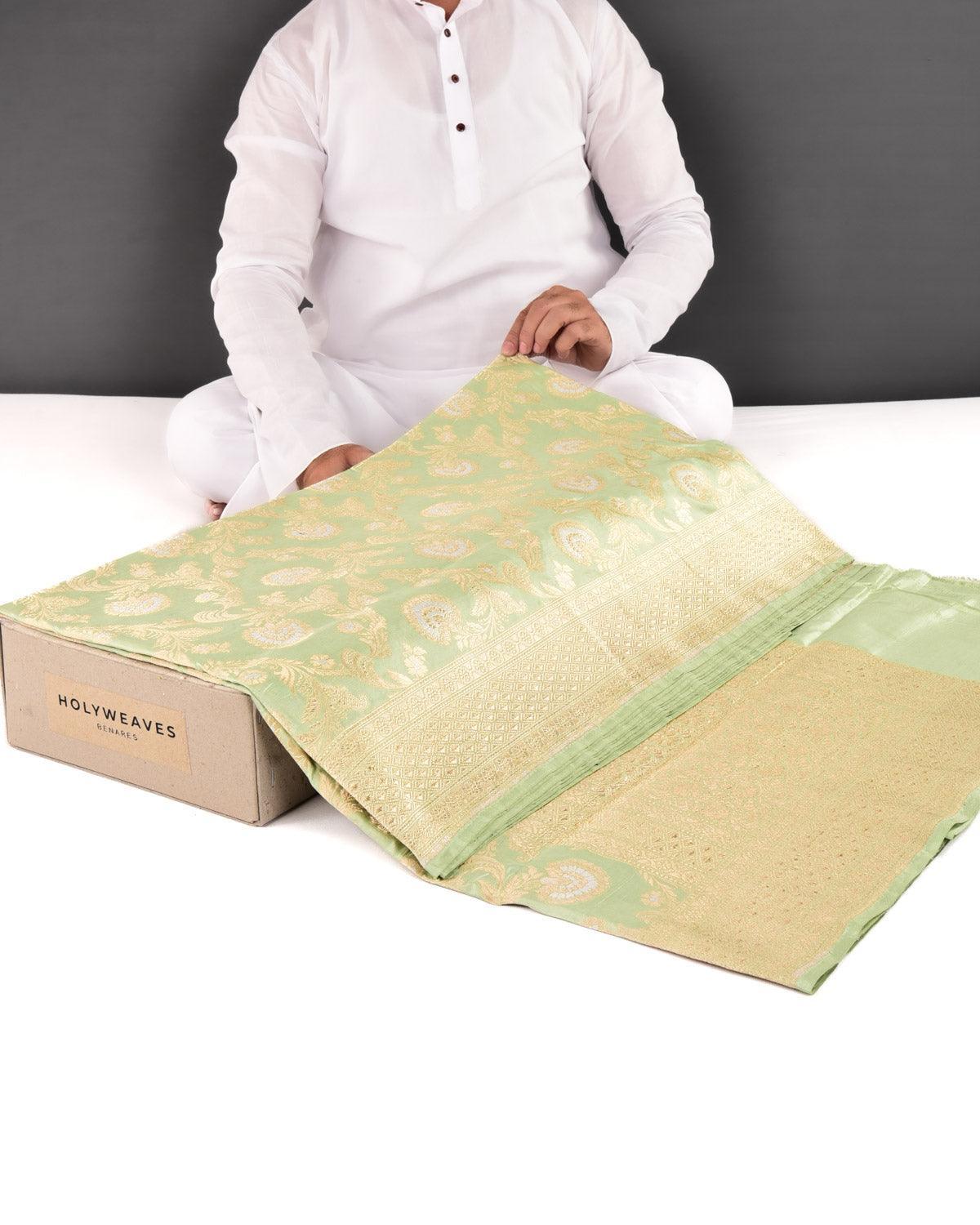 Sage Green Banarasi Gold & Silver Zari Alfi Floral Jaal Cutwork Brocade Handwoven Katan Silk Saree