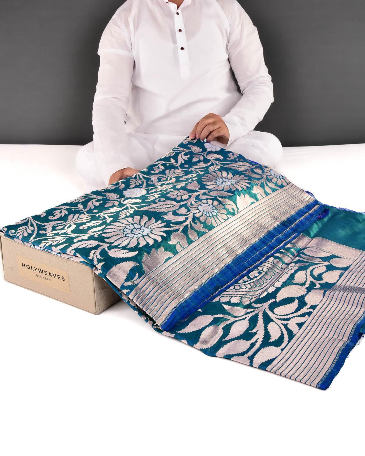 Shot Blue-Green Banarasi Gold & Silver Zari Alfi Floral Jaal Cutwork Brocade Handwoven Katan Silk Saree