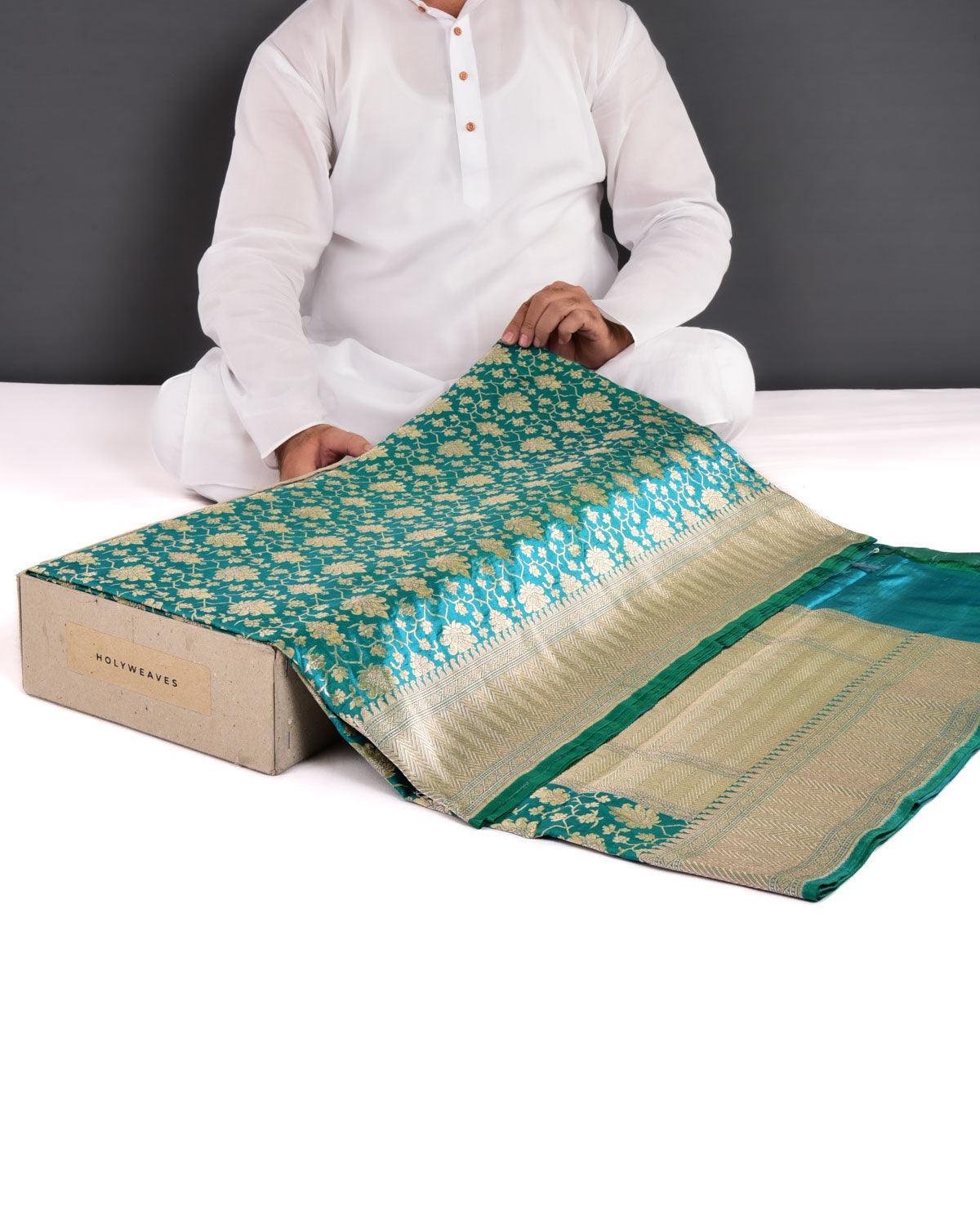 Shot Blue-Green Banarasi Maheen Jaal Gold Zari Cutwork Brocade Handwoven Katan Silk Saree