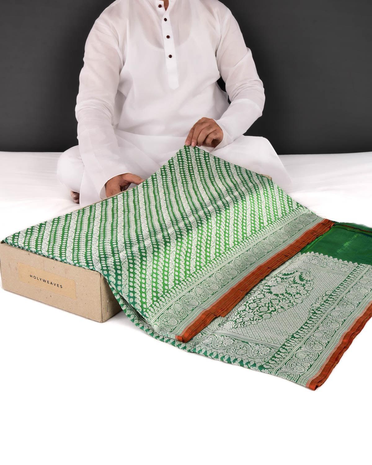 Shot Green Banarasi Silver Zari Diaganol Stripes Cutwork Brocade Handwoven Katan Silk Saree