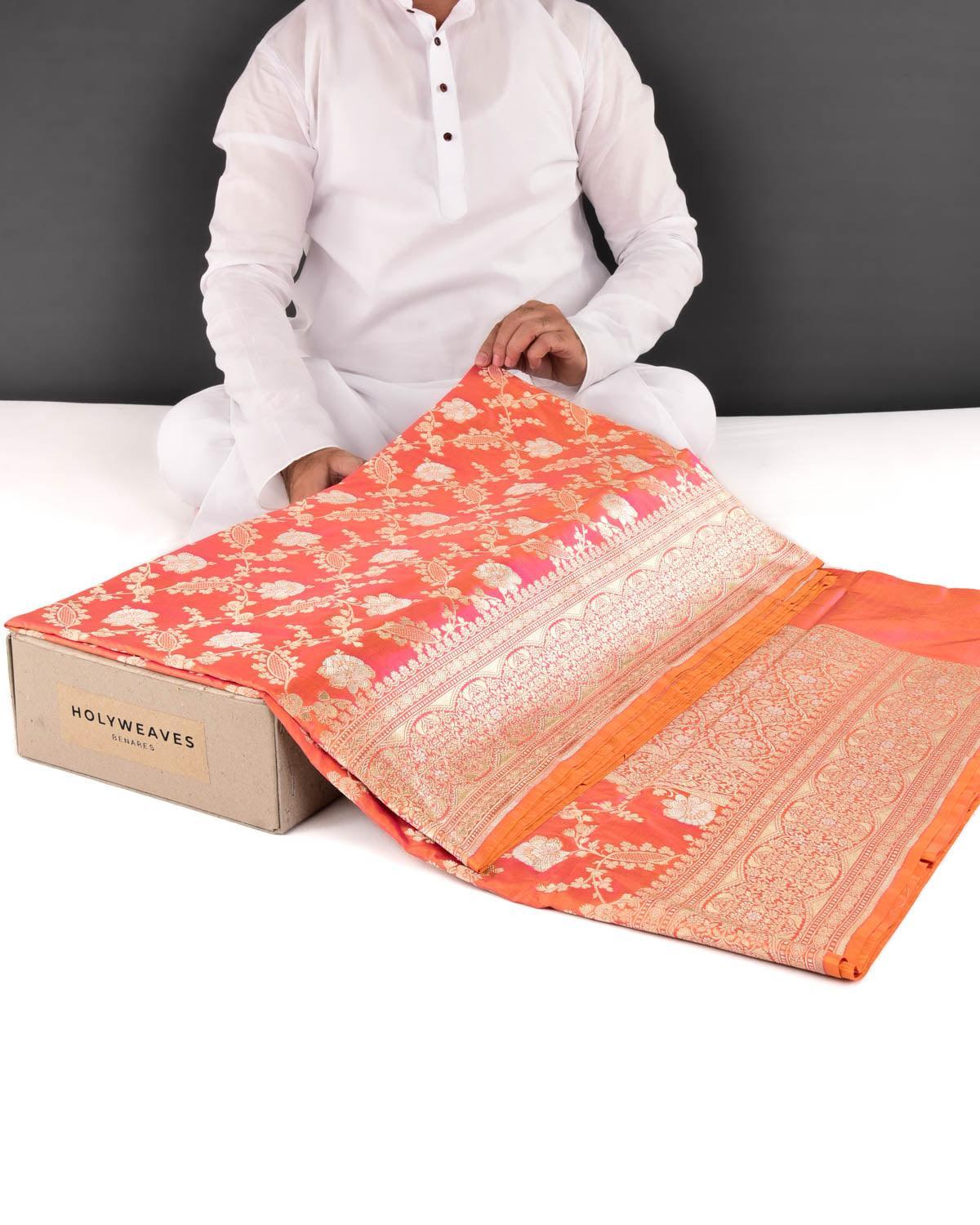 Shot Peach Banarasi Gold & Silver Zari Alfi Floral Jaal Cutwork Brocade Handwoven Katan Silk Saree